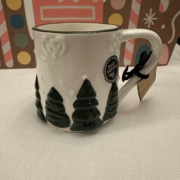 Peppermint & Pine Green Evergreen Trees White Trimmed Mug NWT Hand Painted 2025 - Picture 1 of 5